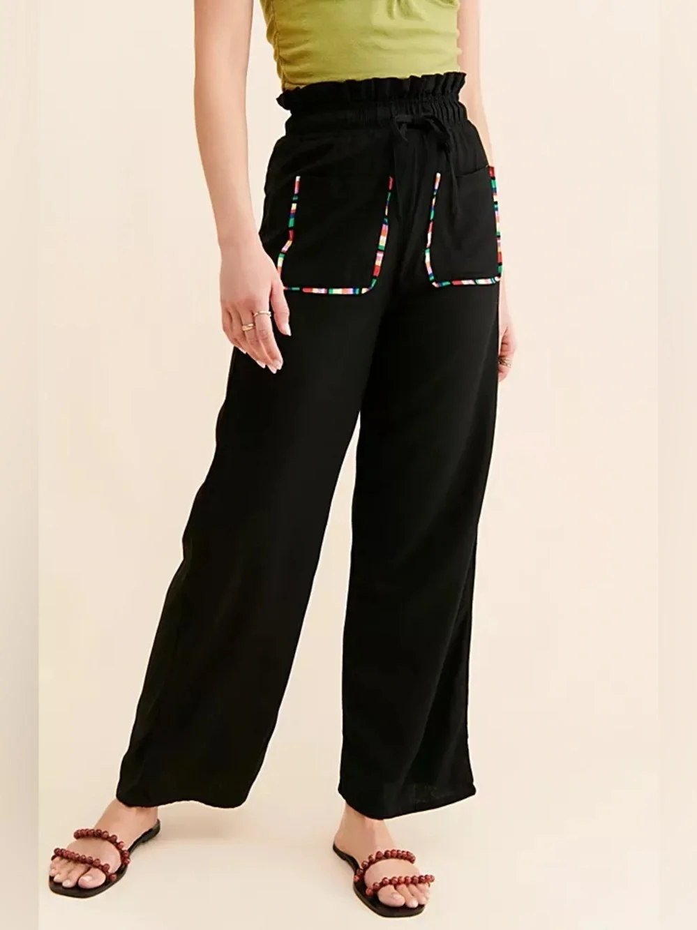 NWT new small free people pastiche Tina linen pants Black multicolor trim